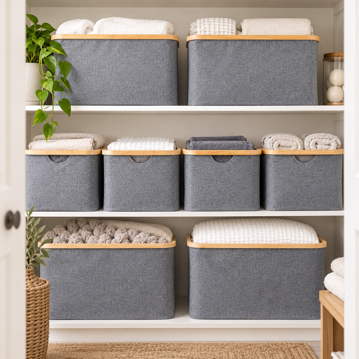 Linen Storage Basket - 8 Set Dark Grey arranged neatly on storage shelving