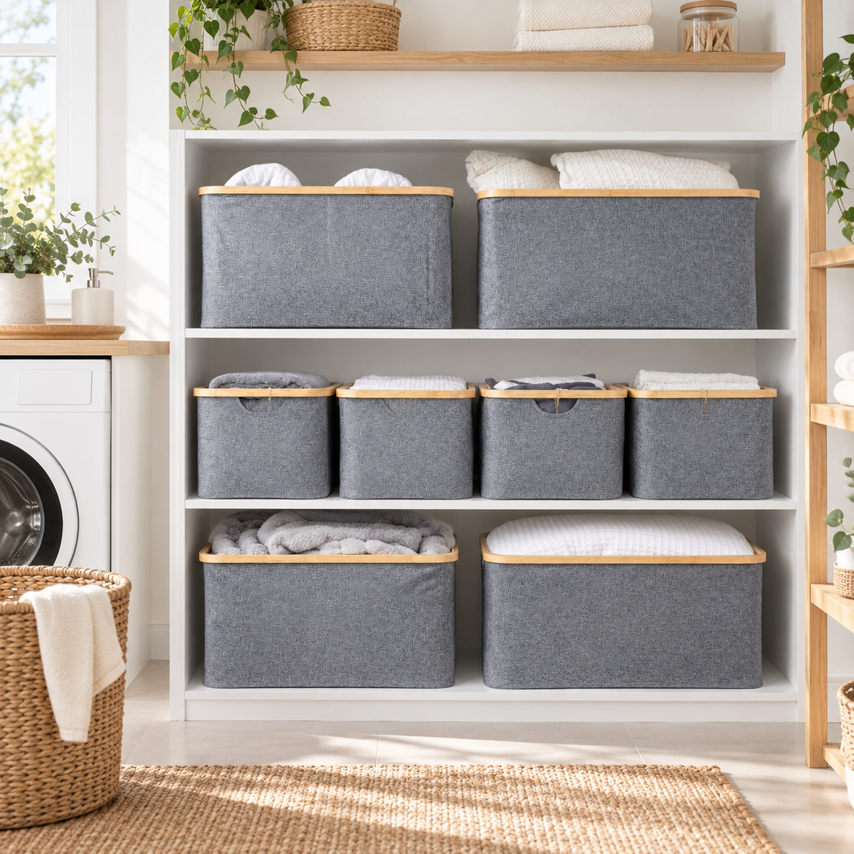 Linen Storage Basket - 8 Set Dark Grey in a clean Scandinavian interior