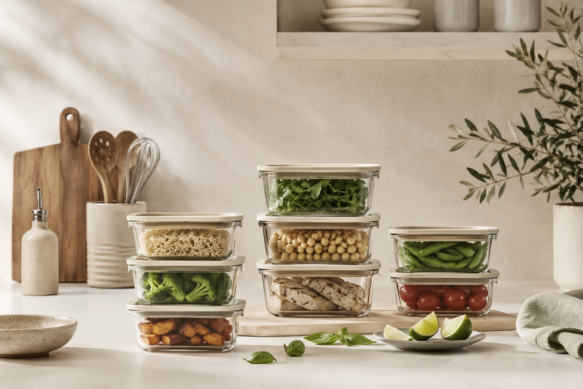 Glass meal prep containers arranged on a kitchen counter