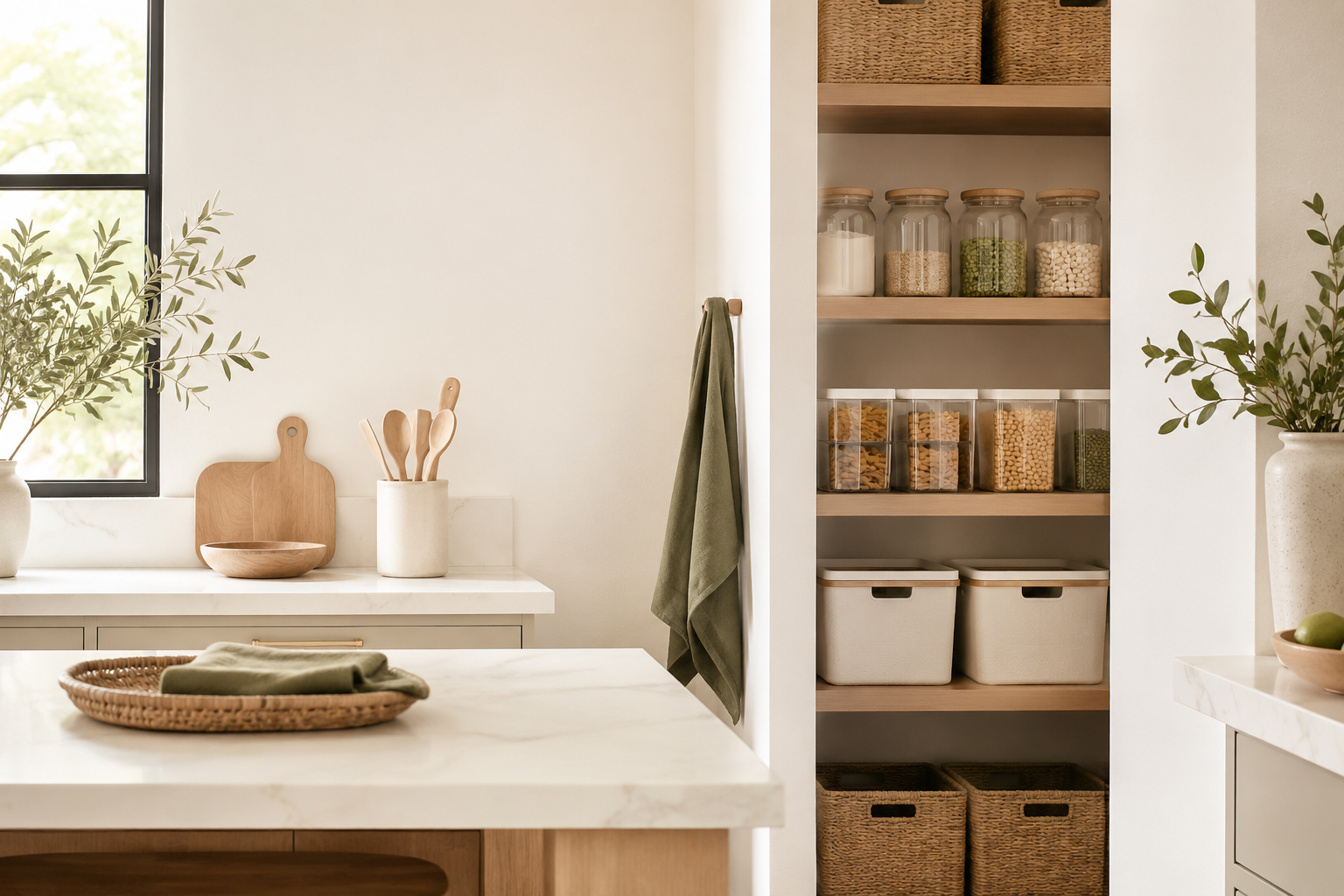 Warm organised kitchen and pantry interior