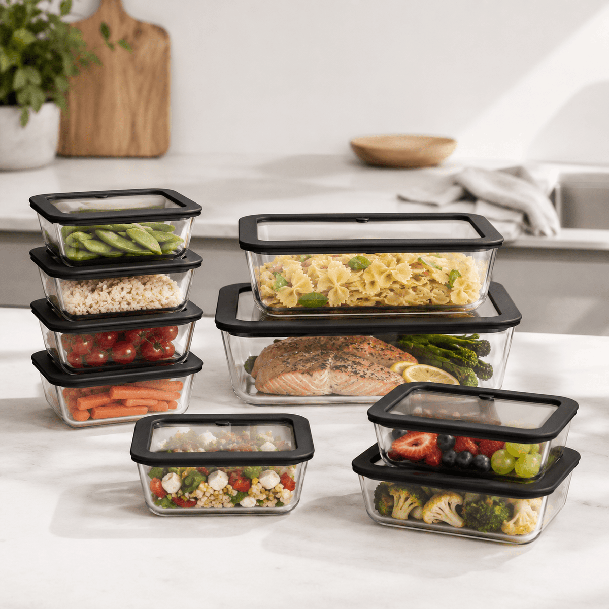 Meal Prep Glass Food Container - 10 Set Rectangle - Black