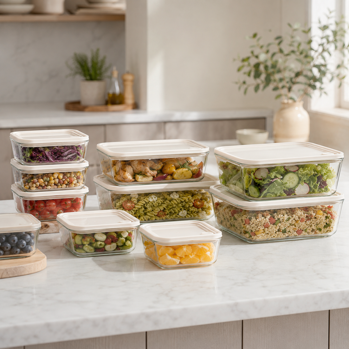 Meal Prep Glass Food Container - 10 Set Rectangle - Cream