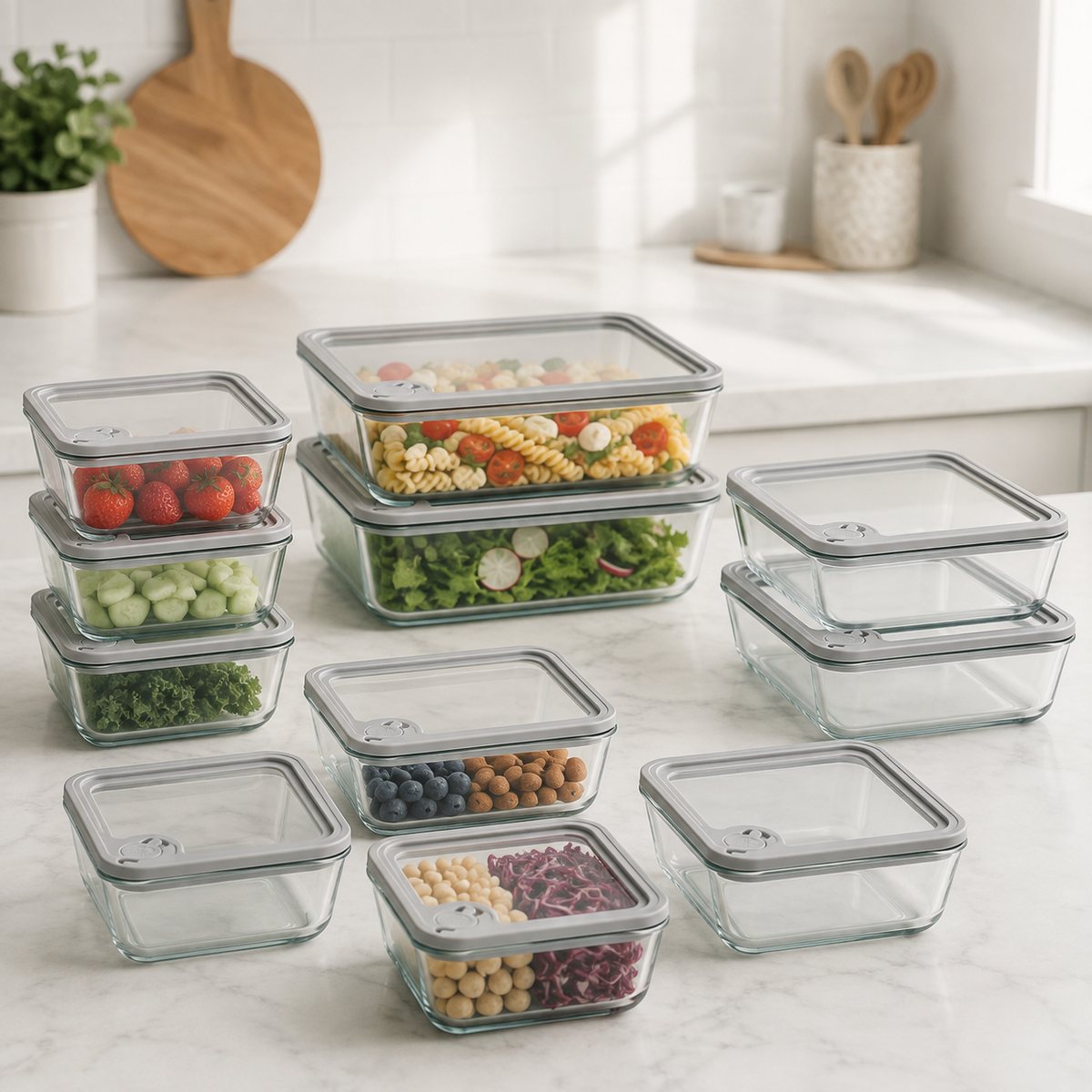Meal Prep Glass Food Container - 10 Set Rectangle - Grey