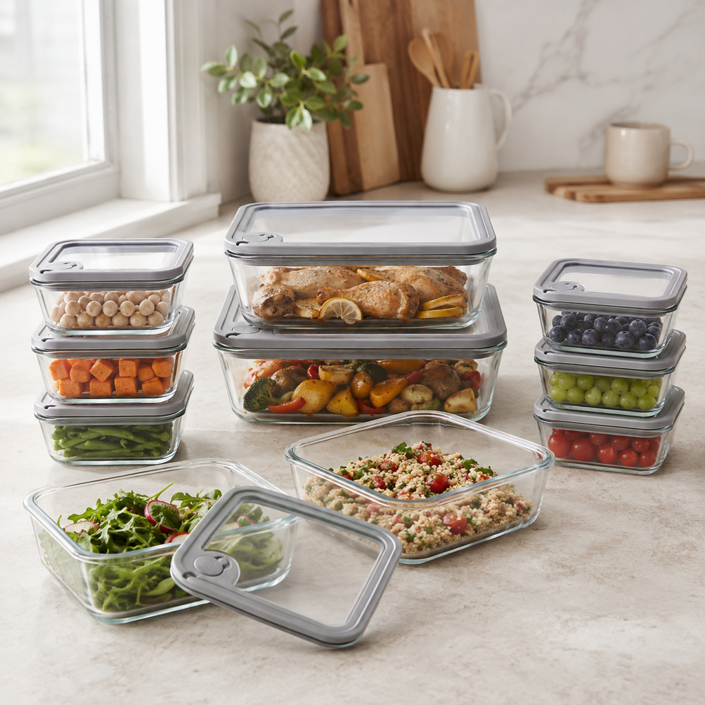 Meal Prep Glass Food Container - 10 Set Rectangle - Grey – view 3