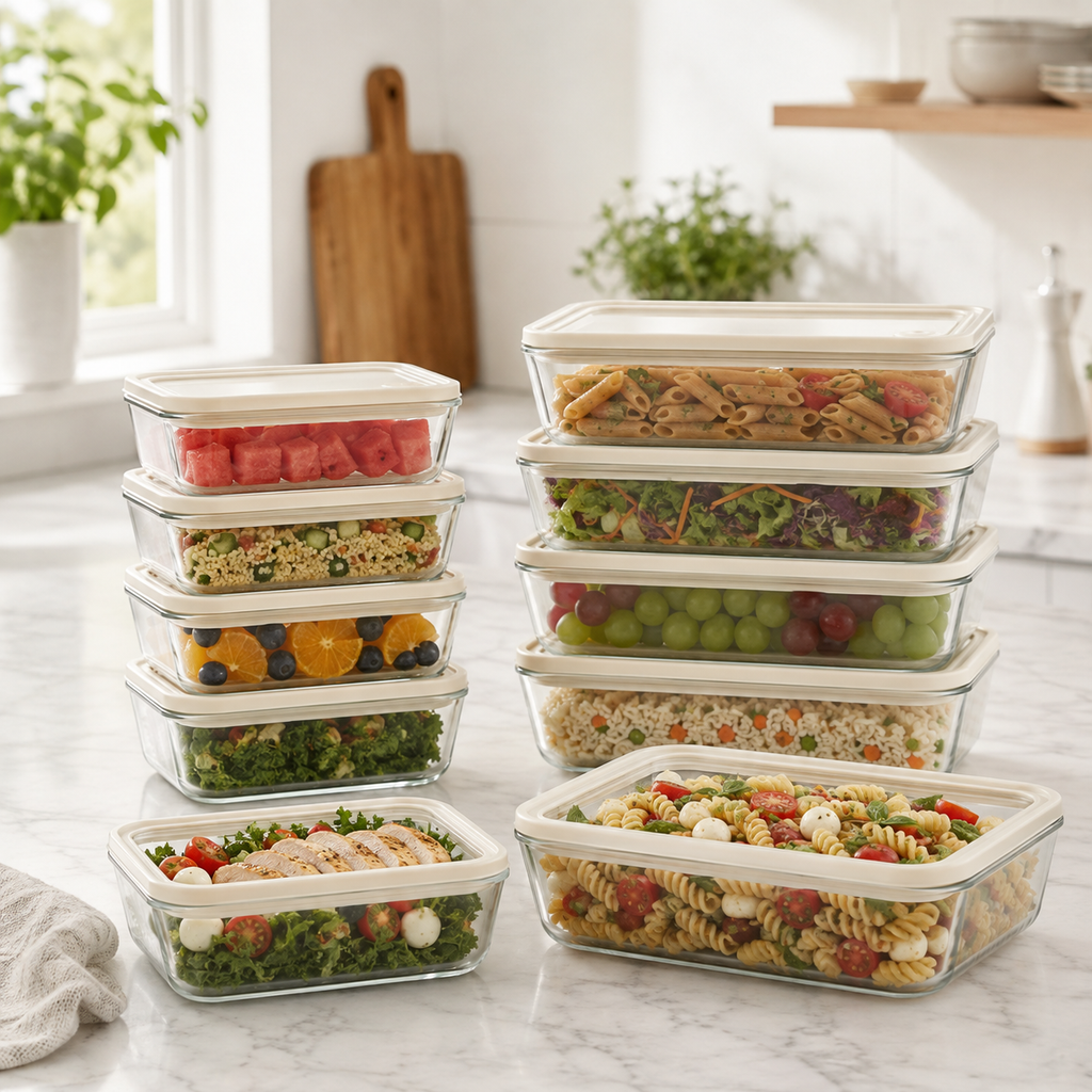 Meal Prep Glass Food Container - 8 Set Rectangle - Cream