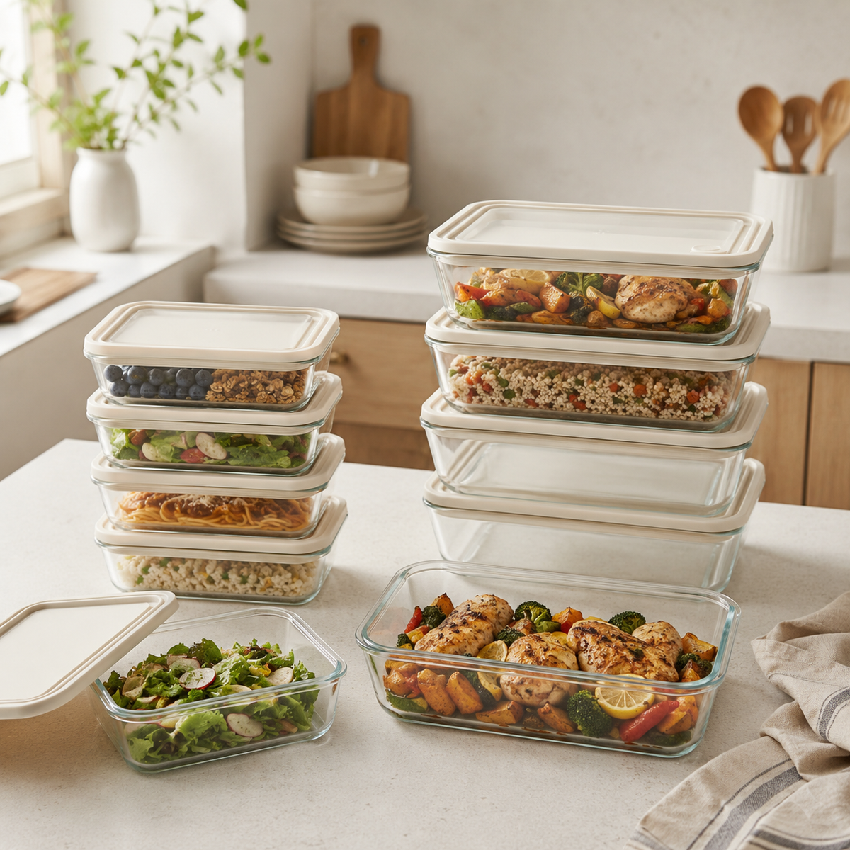 Meal Prep Glass Food Container - 8 Set Rectangle - Cream – view 2