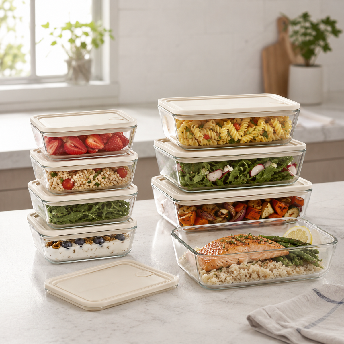 Meal Prep Glass Food Container - 8 Set Rectangle - Cream – view 3