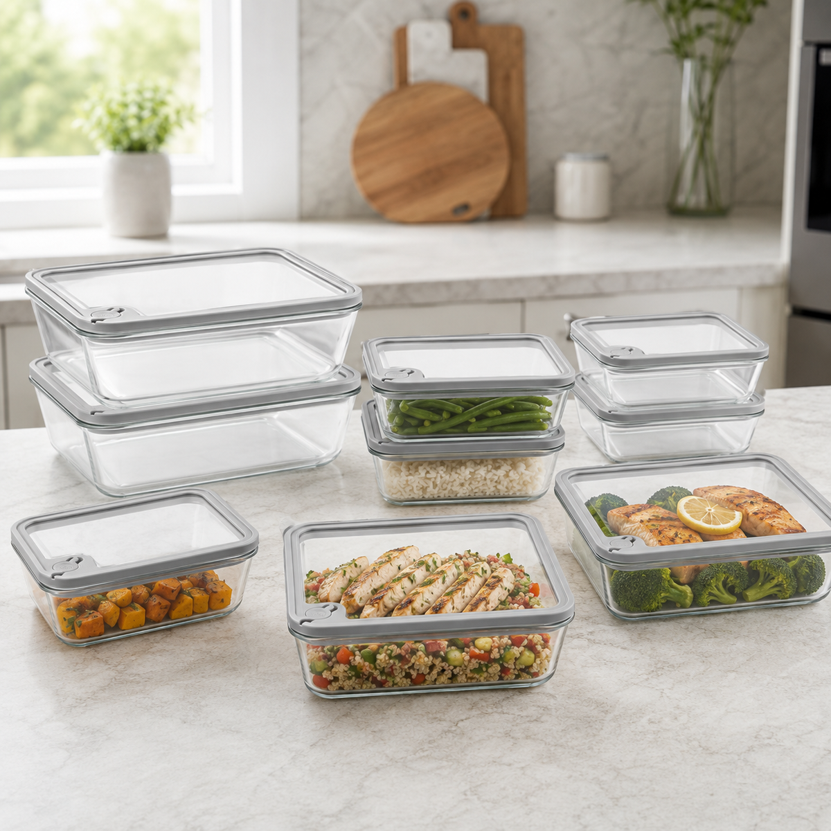 Meal Prep Glass Food Container - 8 Set Rectangle - Grey