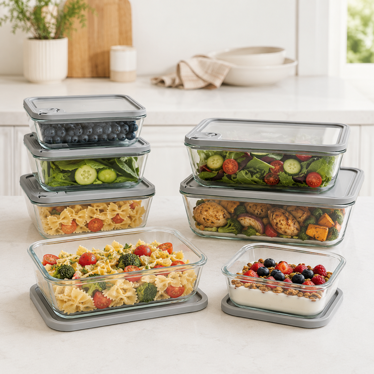 Meal Prep Glass Food Container - 8 Set Rectangle - Grey – view 2