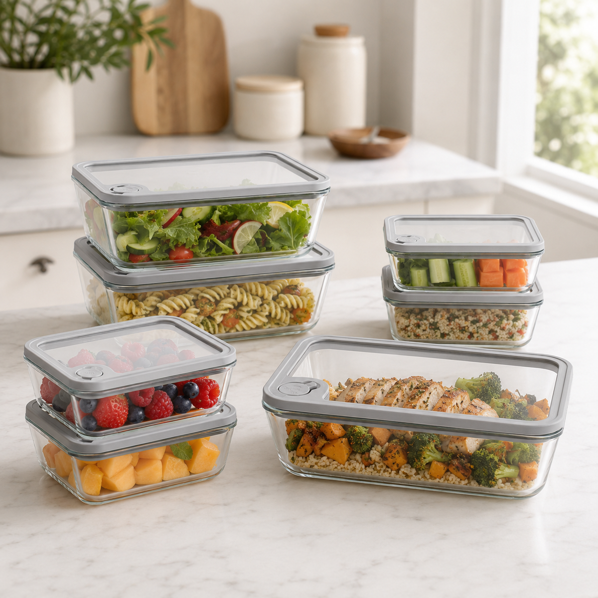 Meal Prep Glass Food Container - 8 Set Rectangle - Grey – view 3
