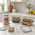 Meal Prep Glass Food Containers - 12 Set Rectangle / Round - Cream & Grey