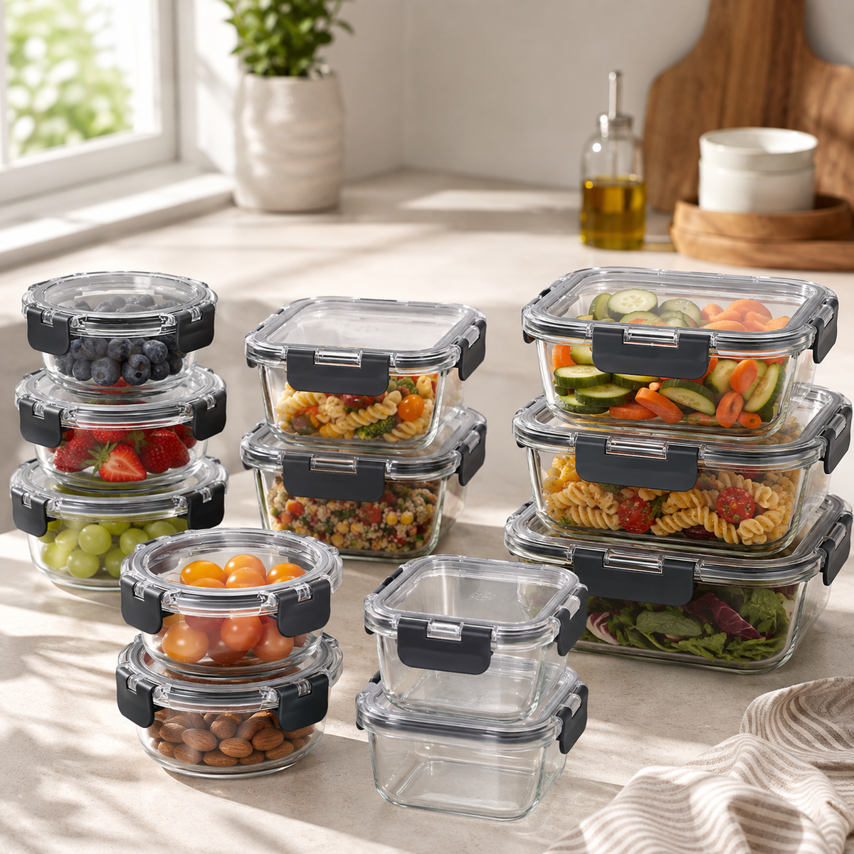 Meal Prep Glass Food Storage Containers - 12 Set Cream - Square / Round