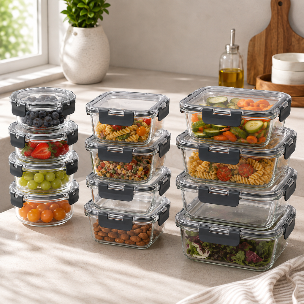 Meal Prep Glass Food Storage Containers - 12 Set Cream - Square / Round – view 3
