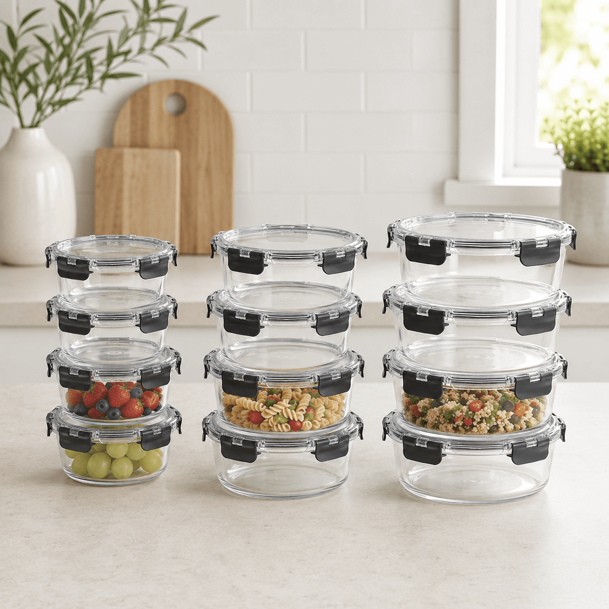 Meal Prep Glass Food Storage Containers - Round 12 Set - Cream
