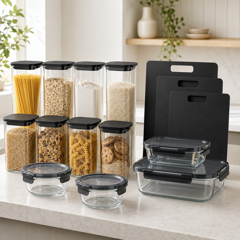 Meal Prep / Glass Pantry Jar / Chopping Board Bundle - Black