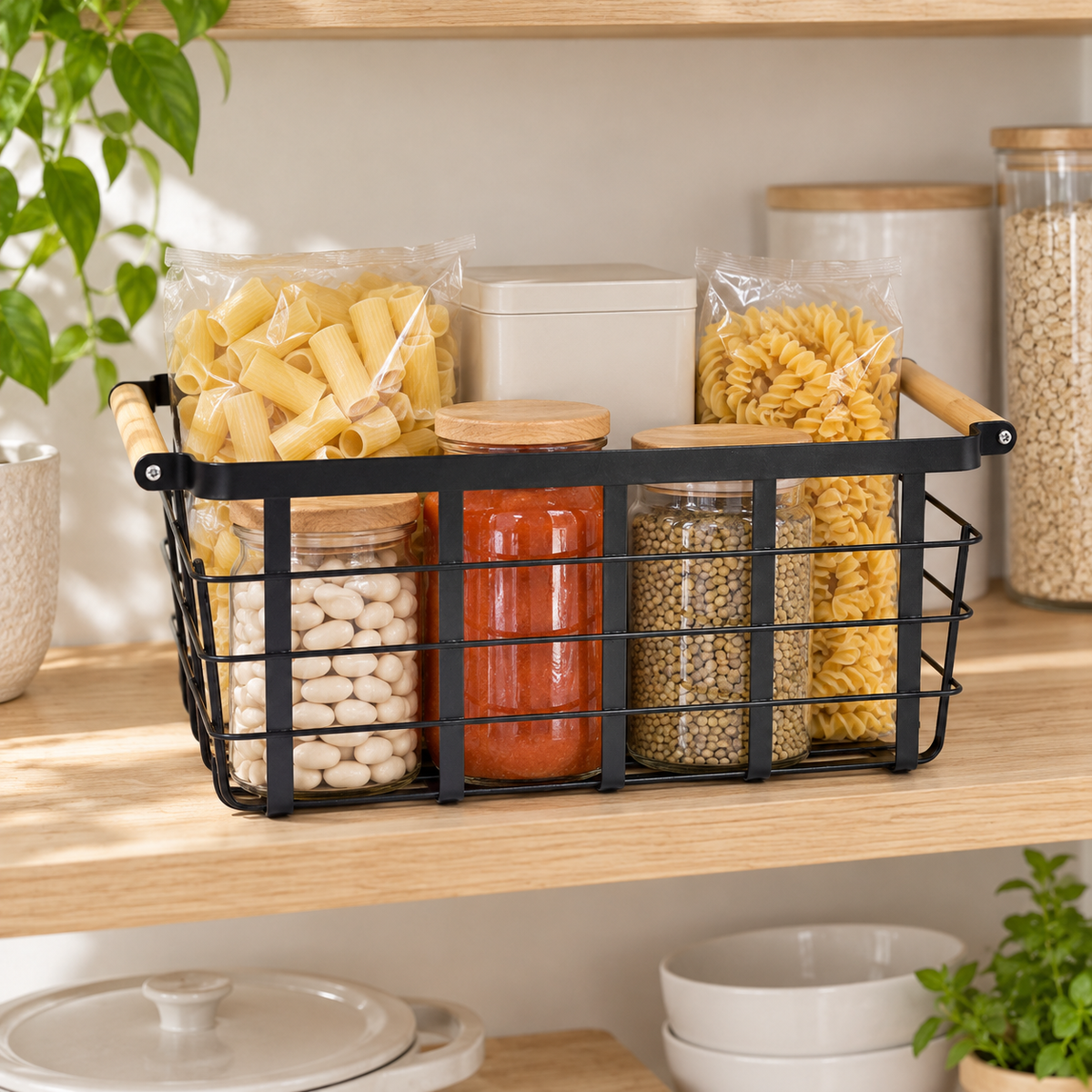 Metal Storage Basket - Black in a bright home storage setting