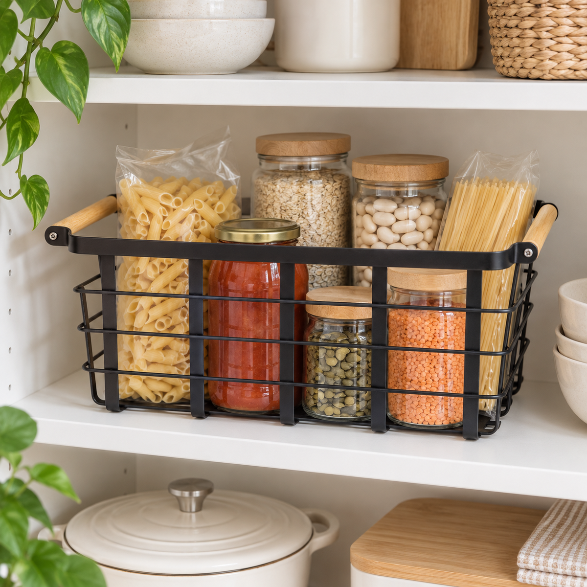 Metal Storage Basket - Black neatly organised on shelving
