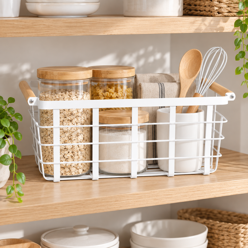 Metal Storage Basket - White in a bright home storage setting