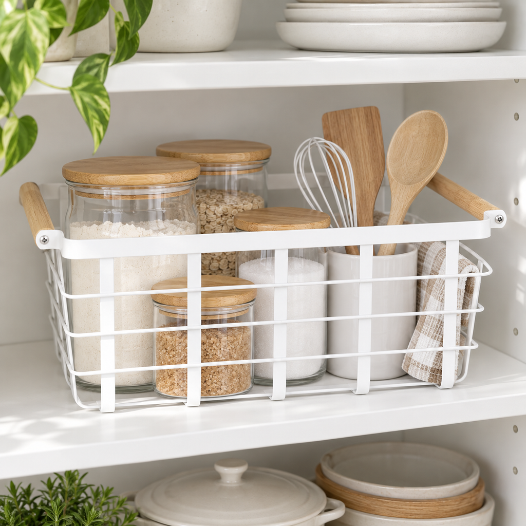 Metal Storage Basket - White neatly organised on shelving