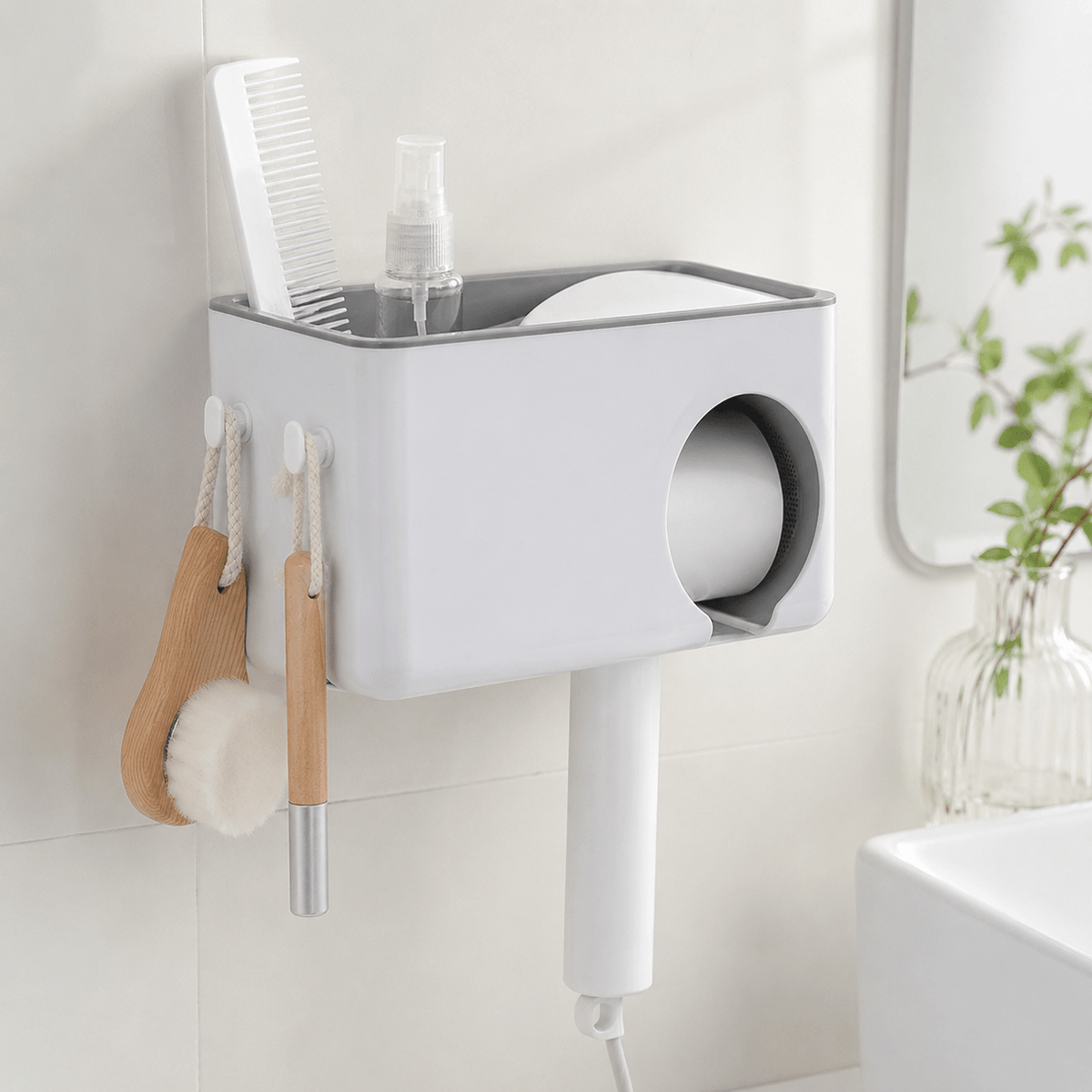 No-Drill Hair Dryer Holder - White Plastic – view 2