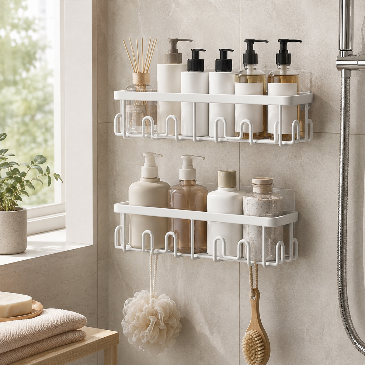 No-Drill Straight Shower Shelves – 2 Pack White