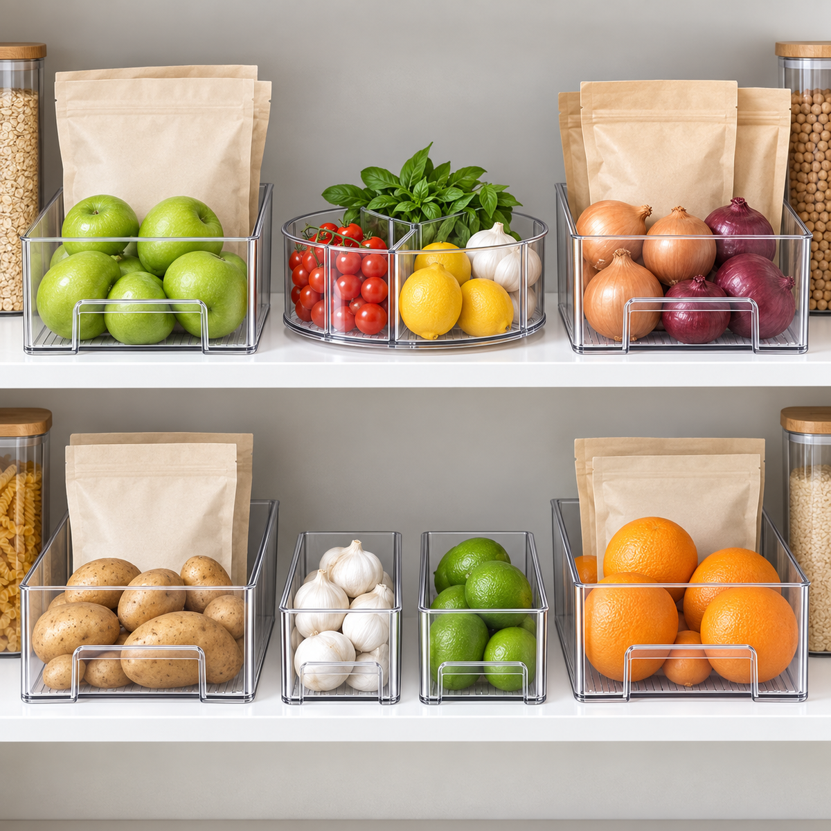 Pantry / Fridge Storage Tray Set arranged in a bright premium home setting