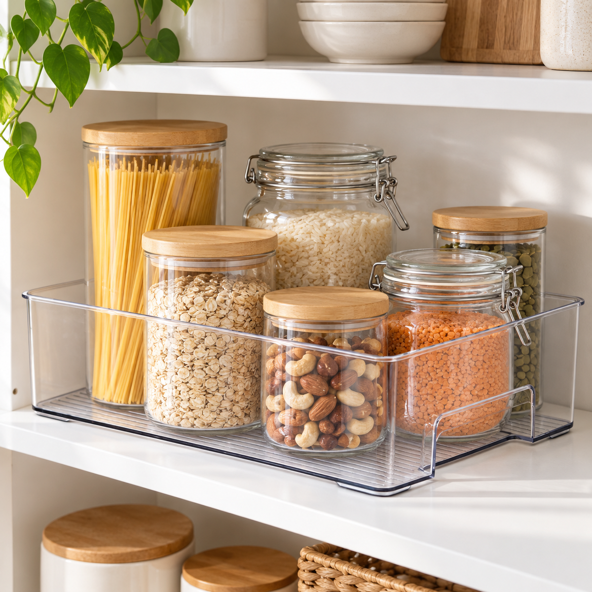 Pantry Storage Tray - Large arranged neatly on storage shelving