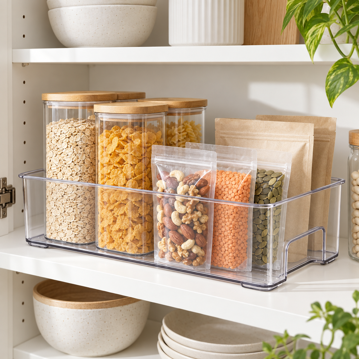 Pantry Storage Tray - Medium arranged neatly on storage shelving