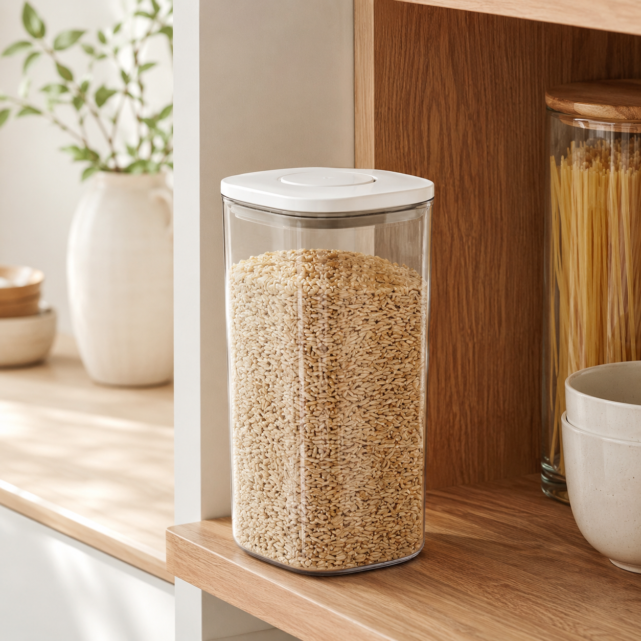 Clear 1.6L push top pantry container with a white lid filled with grains on a wooden pantry shelf