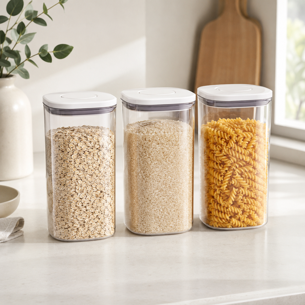 Three individual 1.6L push top pantry containers with white lids displayed together