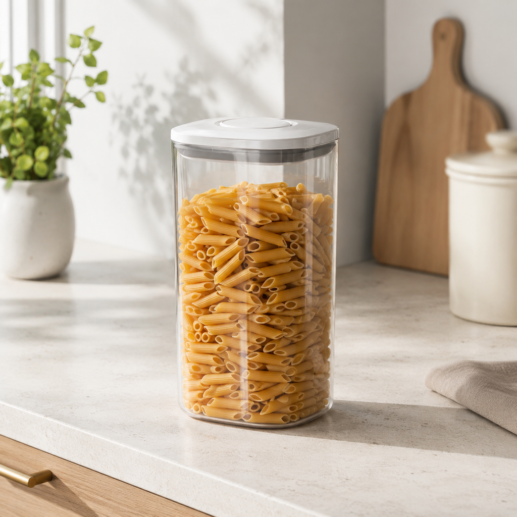 Clear 1.6L push top pantry container with a white lid filled with pasta on a kitchen counter