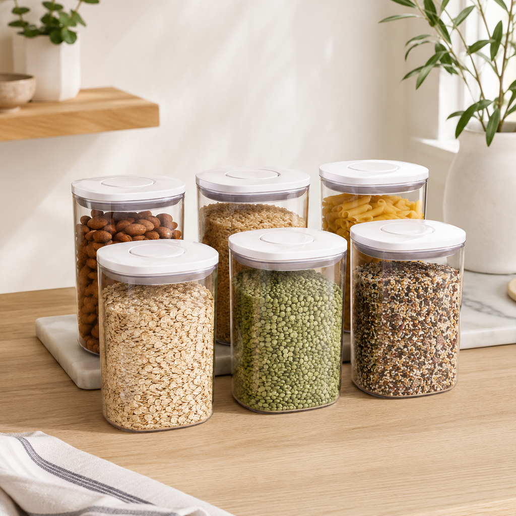 Assorted individual push top pantry containers with white lids displayed together
