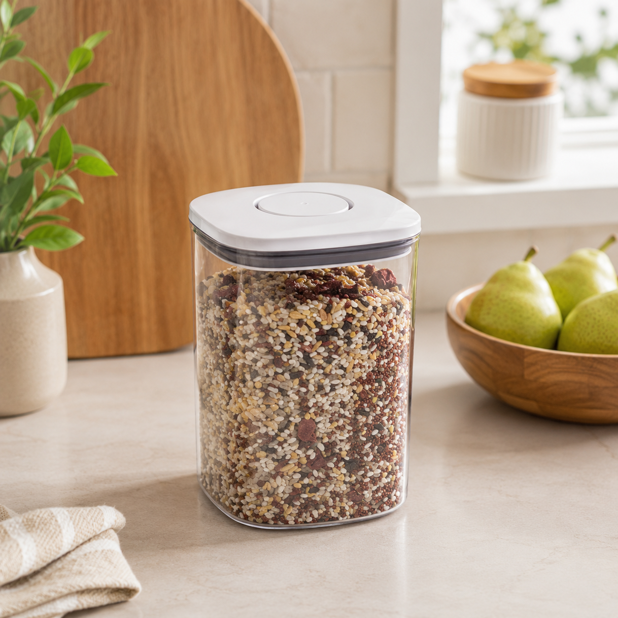 Clear 1000ml push top pantry container with a white lid displayed in a bright kitchen