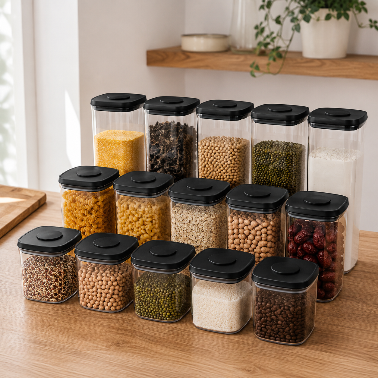 Fifteen black-lid push top pantry containers displayed on a wooden kitchen table
