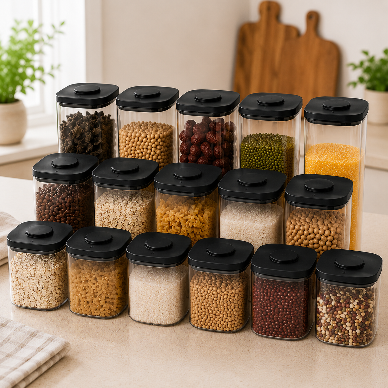 Fifteen clear push top pantry containers with black lids arranged on a kitchen worktop