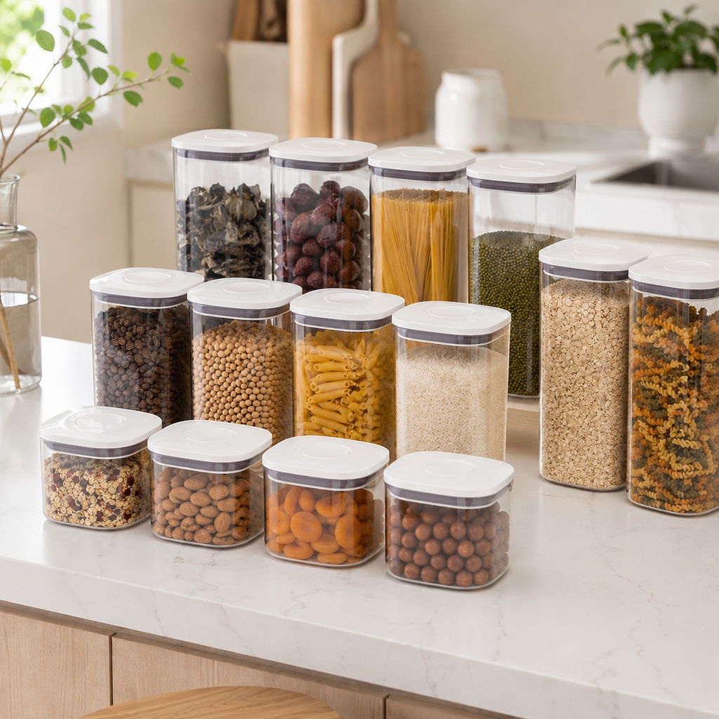Clear push top pantry container set with white lids filled with assorted dried foods
