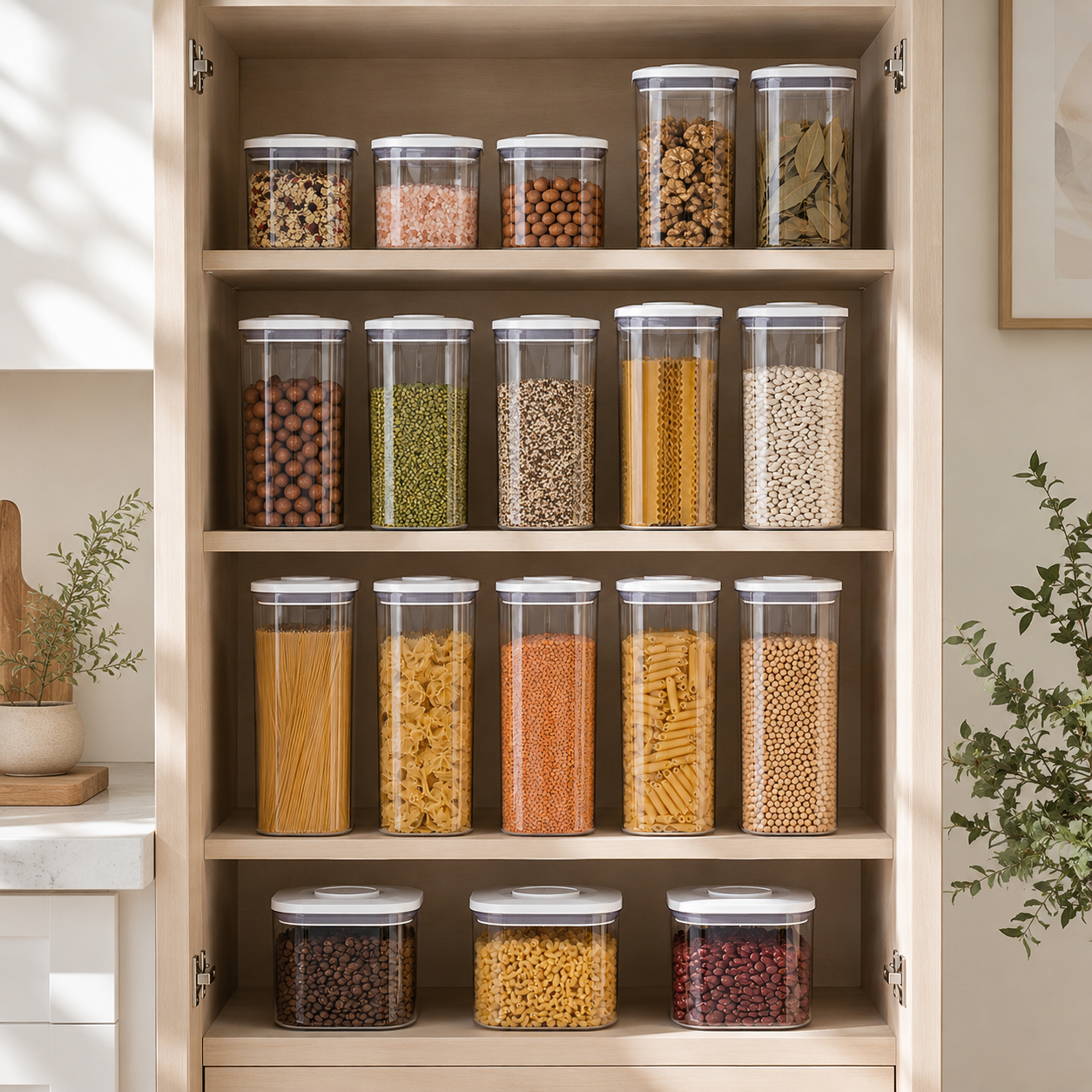 White lid push top pantry containers organised across wooden pantry shelves