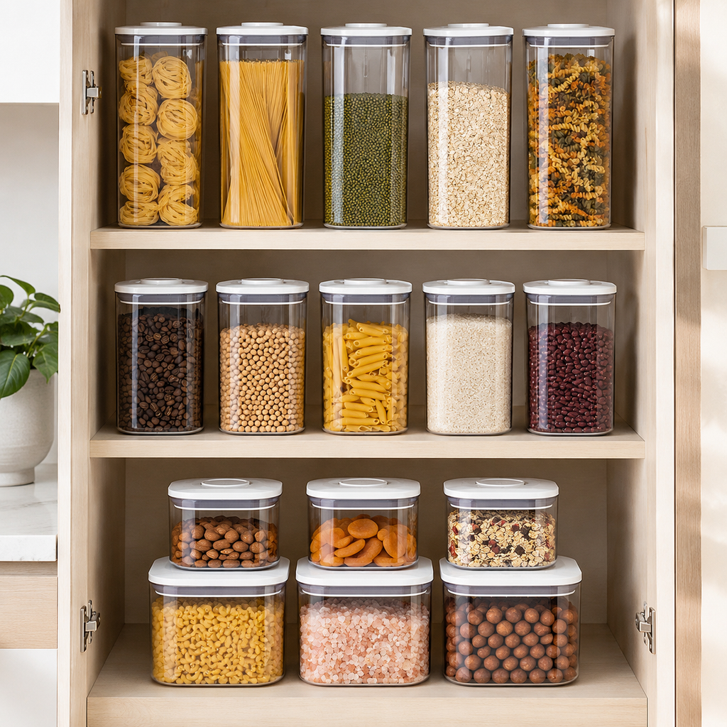 White lid push top pantry containers arranged by size in an organised kitchen cupboard