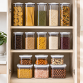 White lid push top pantry containers arranged by size in an organised kitchen cupboard