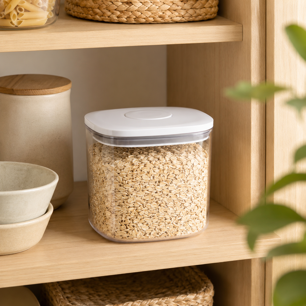 Clear 1L push top pantry container with a white lid filled with oats on a wooden pantry shelf