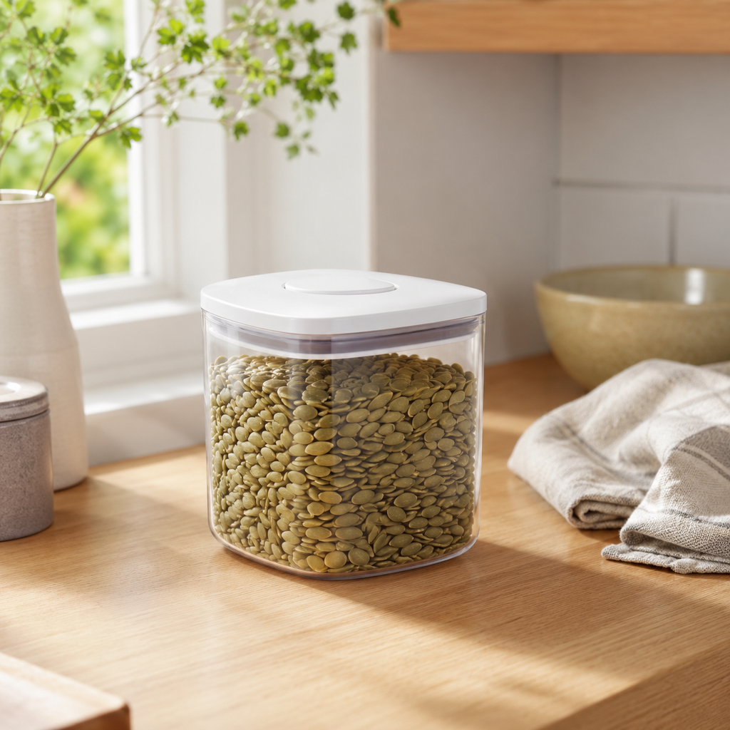 Clear 1L push top pantry container with a white lid filled with pumpkin seeds on a wooden worktop
