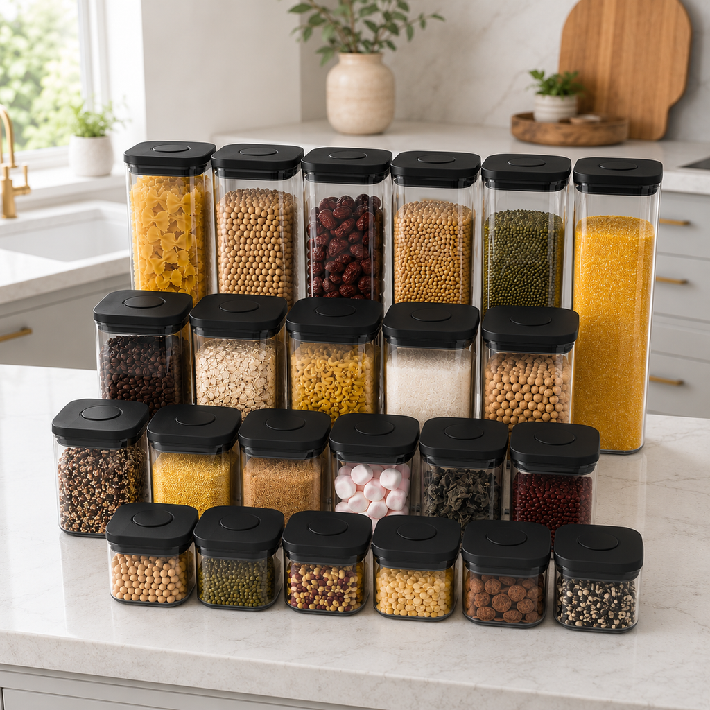 Twenty-three clear push top pantry containers with black lids arranged on a bright kitchen counter