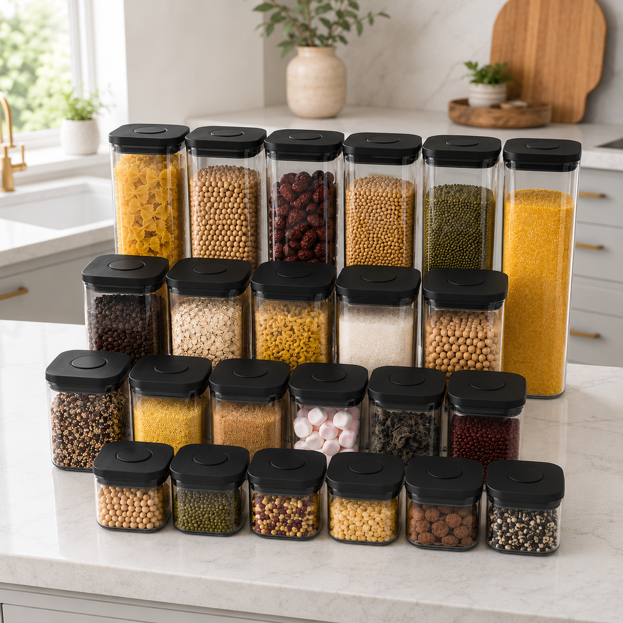 Twenty-three clear push top pantry containers with black lids arranged on a bright kitchen counter