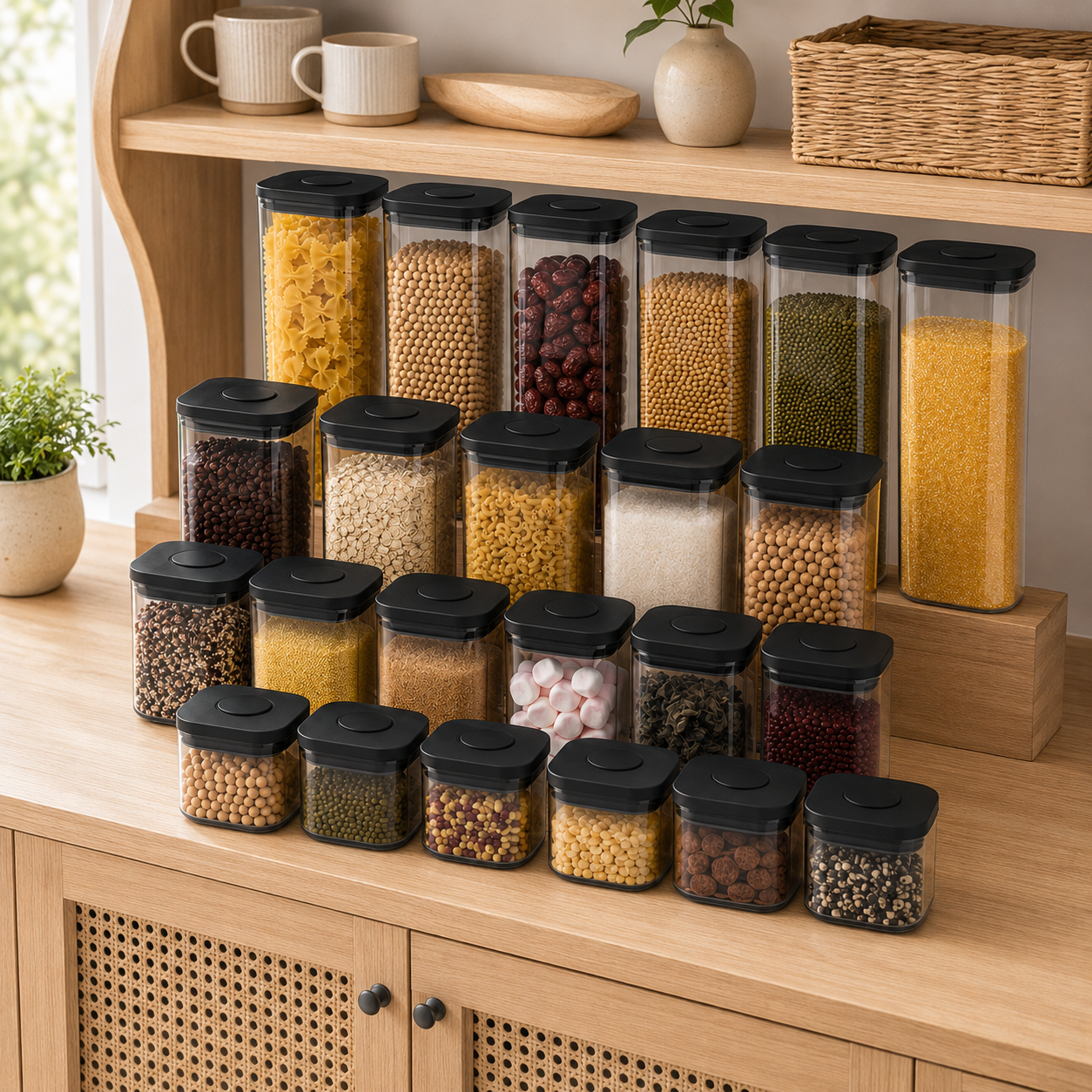 Twenty-three clear push top pantry containers with black lids displayed on wooden pantry shelves