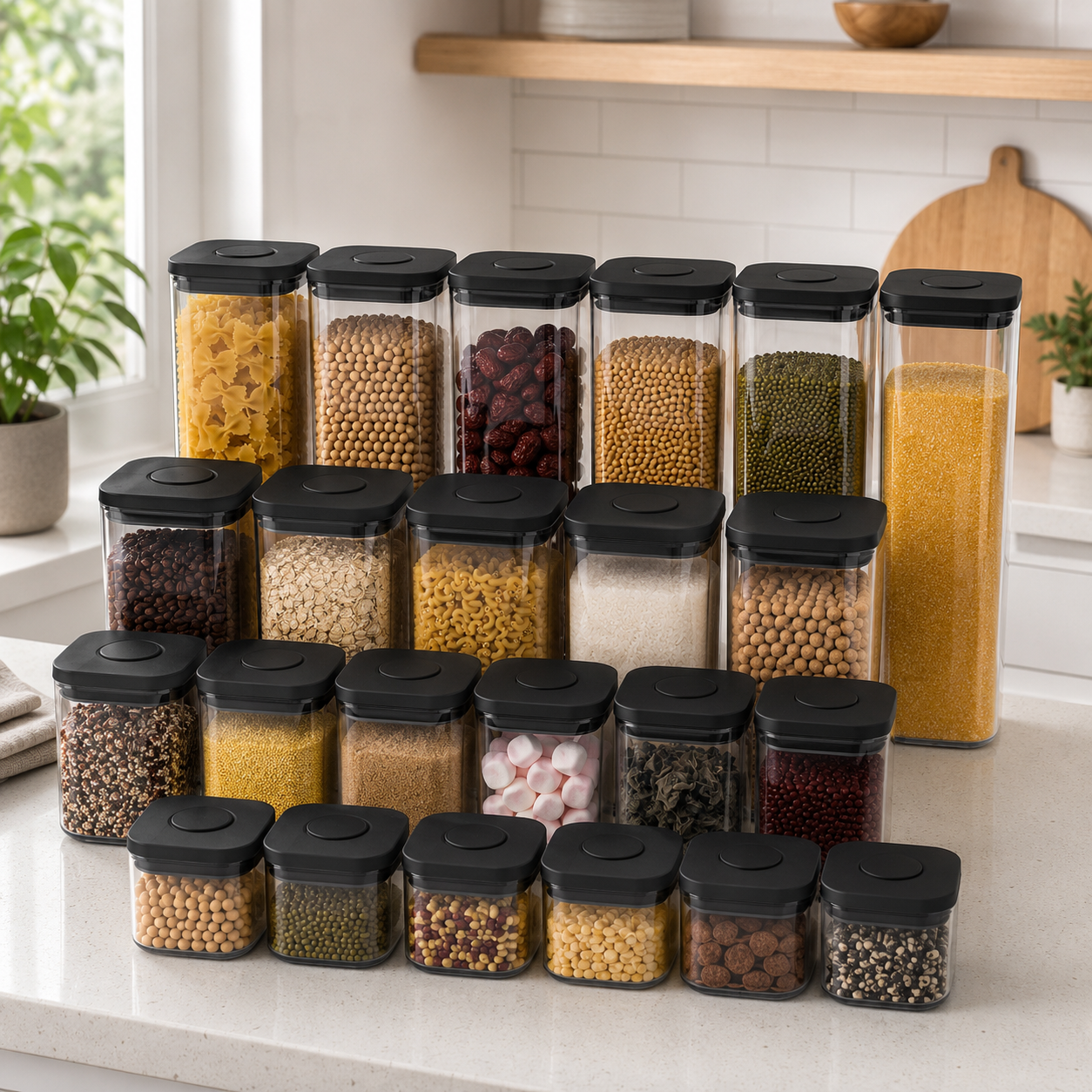 Twenty-three clear push top pantry containers with black lids arranged on a kitchen worktop