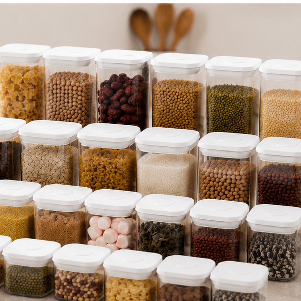 Clear push top pantry containers with white lids filled with dry foods