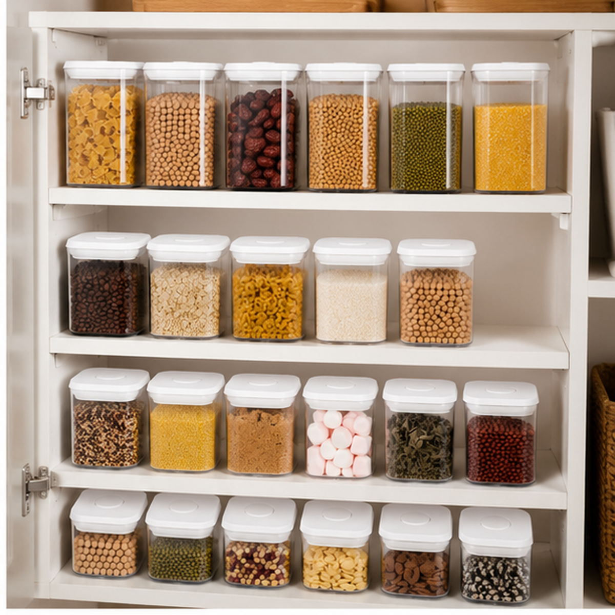Twenty-three clear push top pantry containers with white lids organised in a pantry cupboard