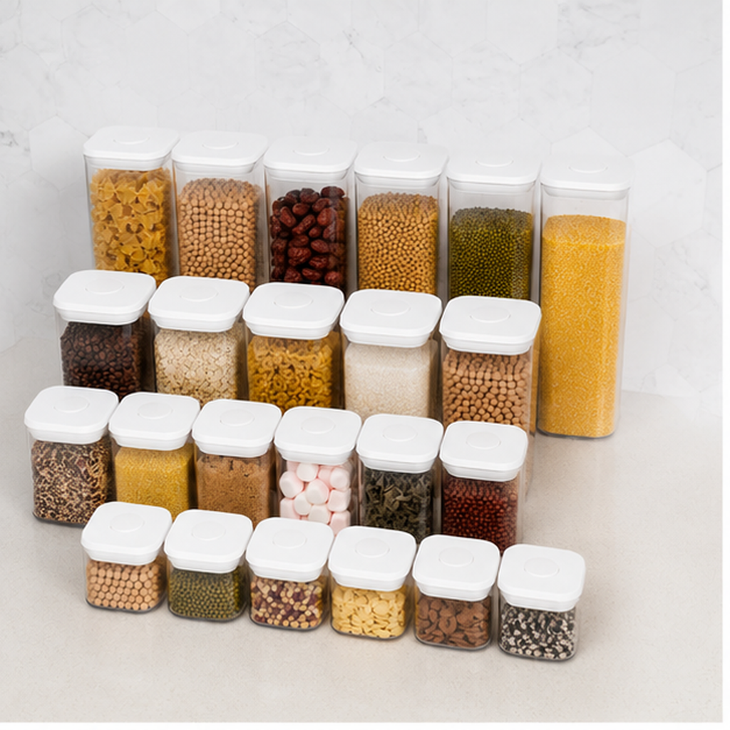 Twenty-three clear push top pantry containers with white lids arranged together