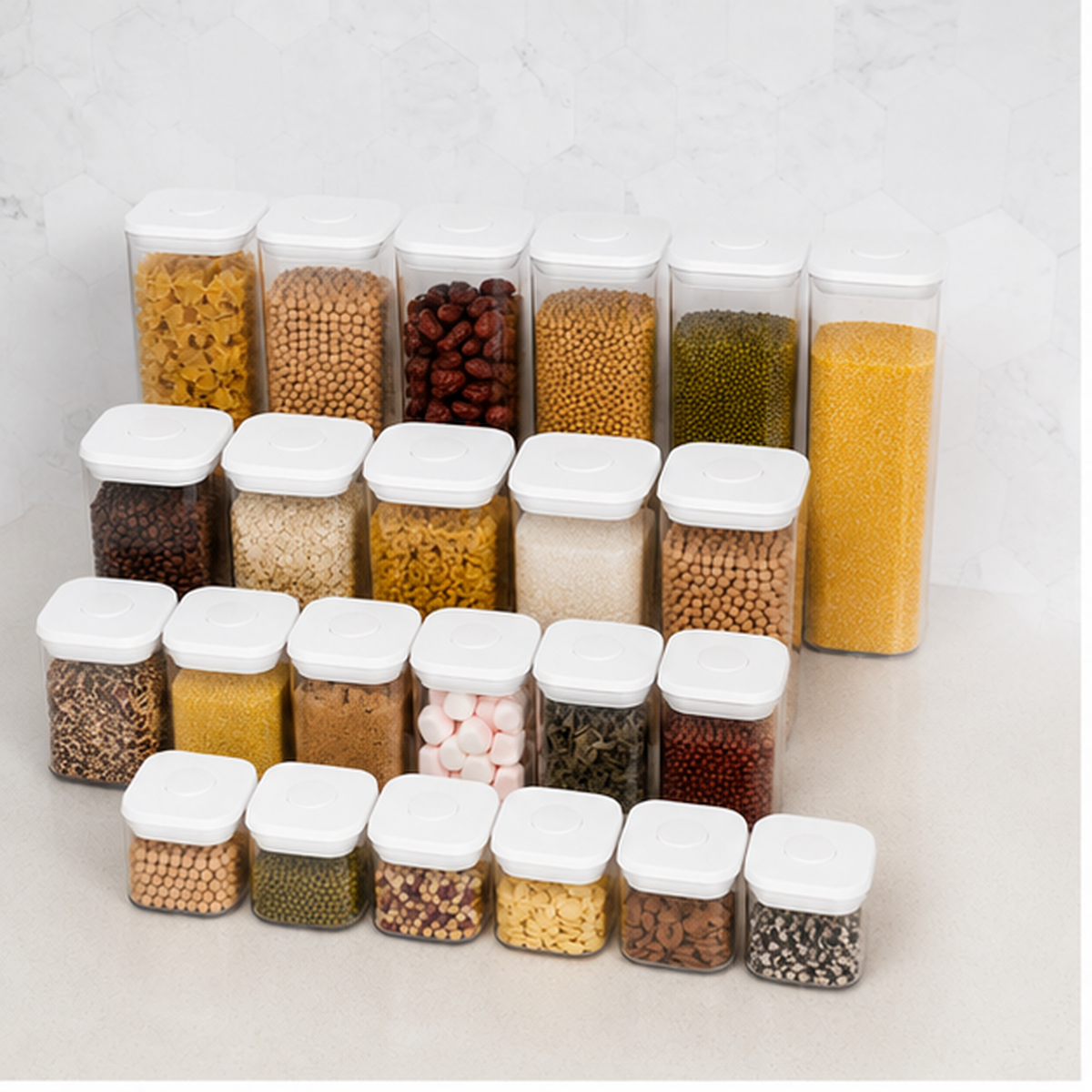 Twenty-three clear push top pantry containers with white lids arranged together