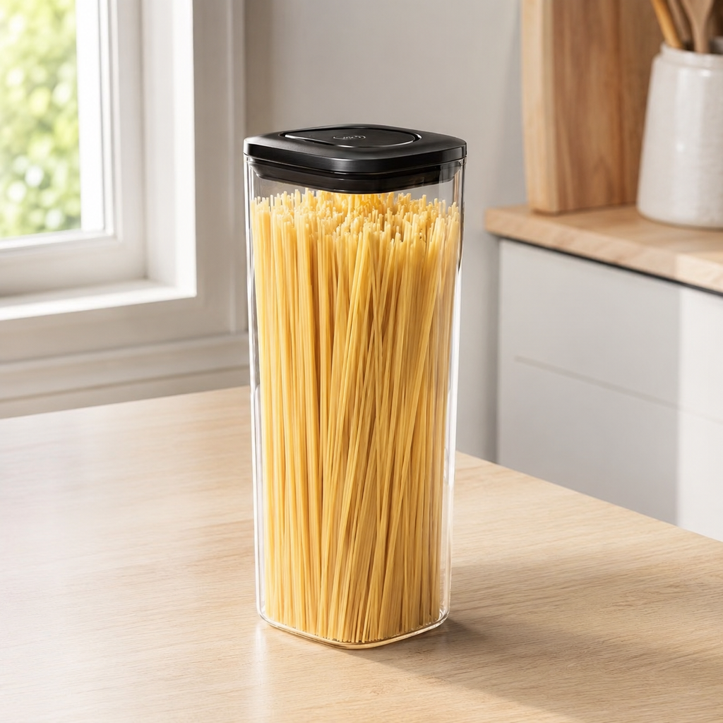 Tall Push Top Pantry Container 2L with black lid in a kitchen